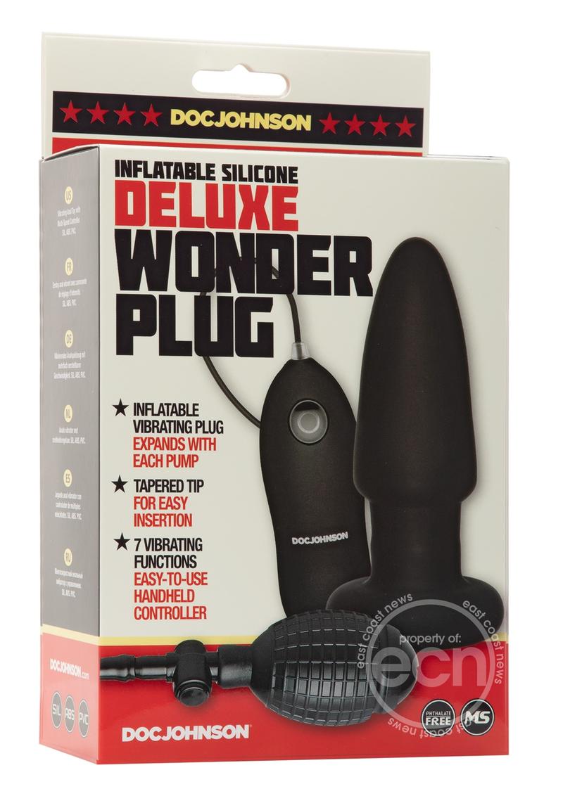 Deluxe Wonder Plug Inflatable Silicone Vibrating Anal Plug - Black
