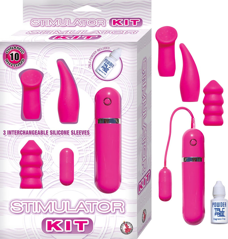 Stimulator Kit with Wired Bullet Vibrator & 3 Silicone Sleeves - Pink