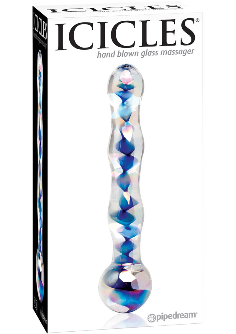 Icicles No 8 Beaded Glass Dildo - Clear/Blue Twist