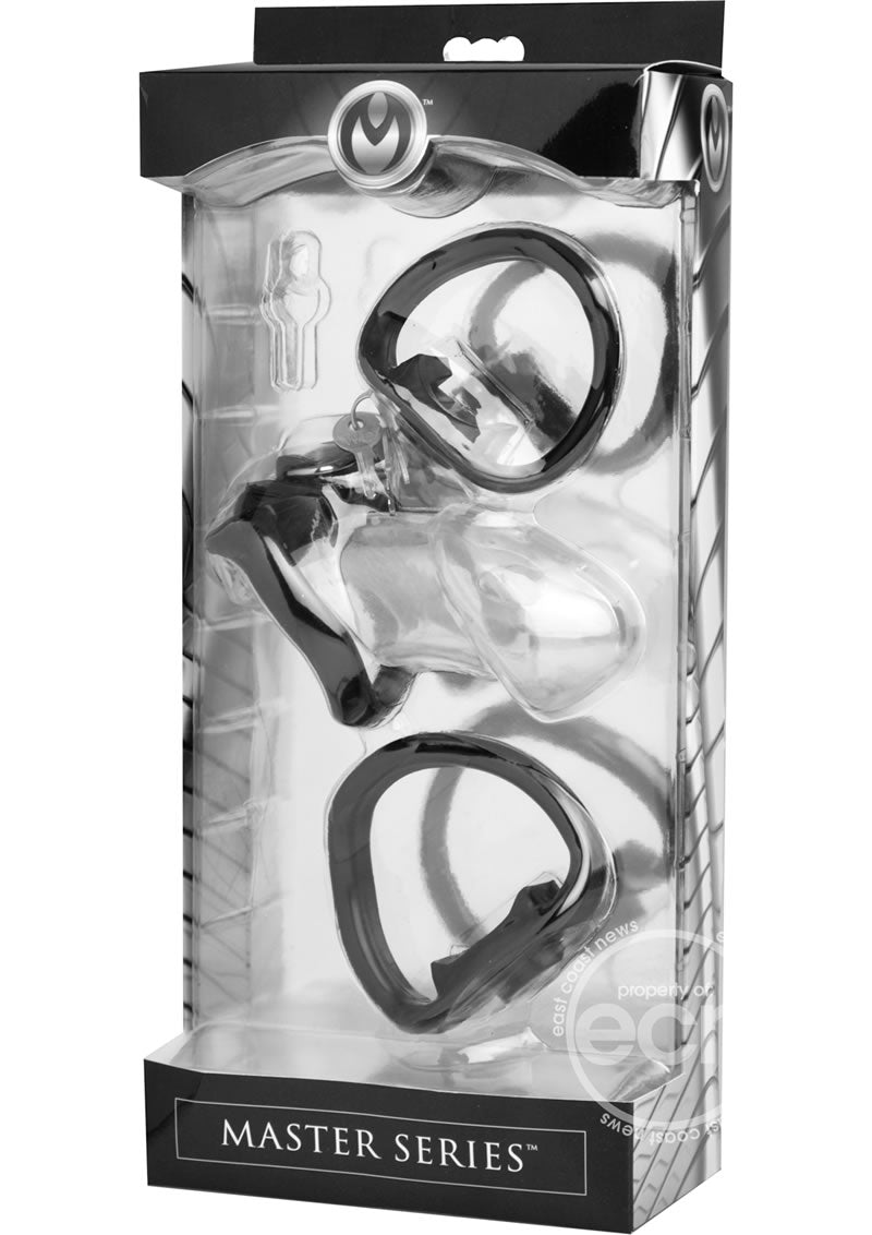 Master Series Rikers Locking Chastity Cage with 3 Ring Sizes - Clear/Black