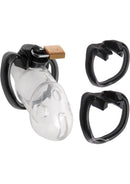 Master Series Rikers Locking Chastity Cage with 3 Ring Sizes - Clear/Black