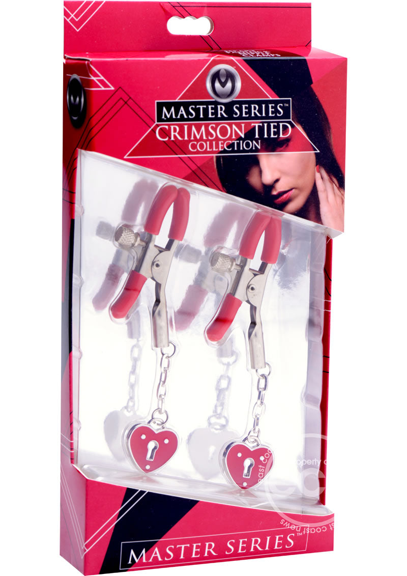 Master Series Crimson Tied Charmed Heart Padlock Nipple Clamps - Red