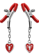 Master Series Crimson Tied Charmed Heart Padlock Nipple Clamps - Red