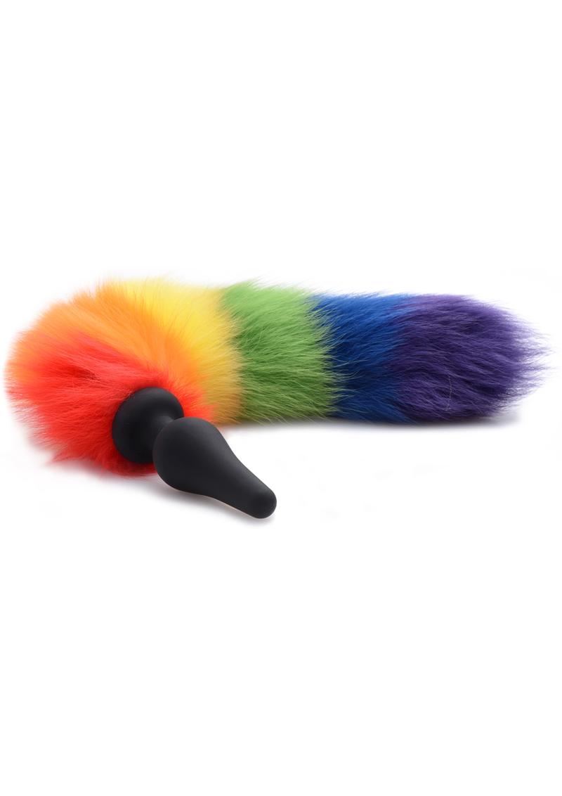 Tailz Rainbow Fluffy Tail Silicone Butt Plug - Black/Rainbow