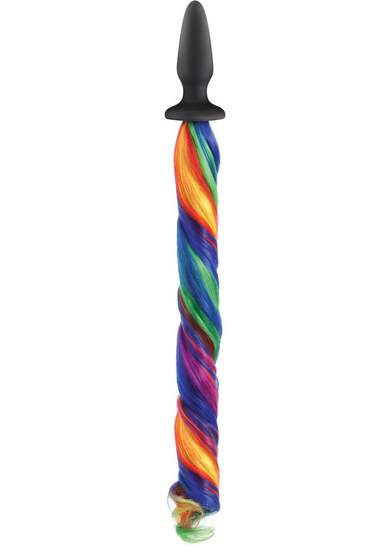 UnicornTails Silicone Anal Plug with Curly Rainbow Tail