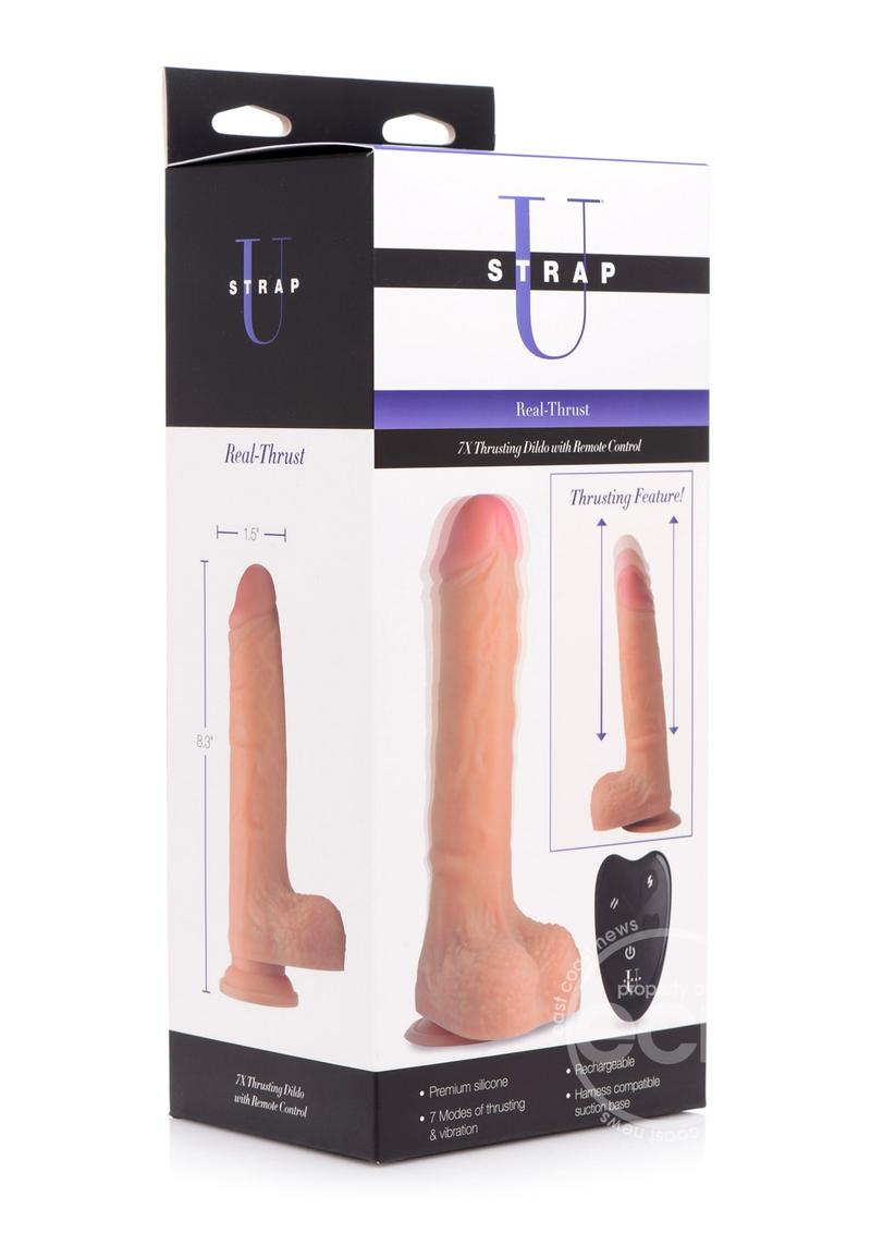 StrapU Real Thrust Thrusting and Vibrating Remote Control Rechargeable Silicone Dildo - Vanilla