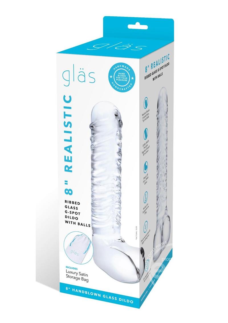 Glas 8" Realistic Ribbed Glass G-Spot Dildo with Balls