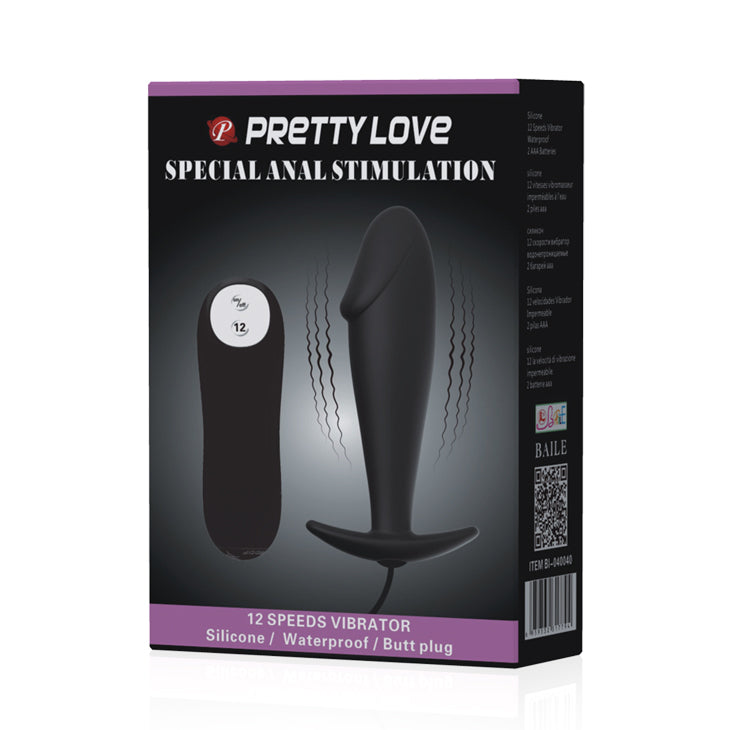 Pretty Love Vibrating Phallic Silicone Anal Plug with Wired Controller - Black