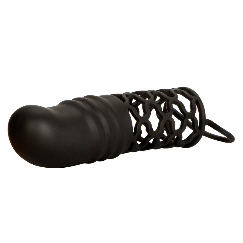 Stretchy Silicone Textured Penis Extension with Ball Loop - Black