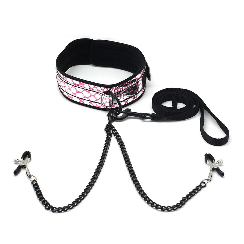 Spartacus Faux Leather Collar with Nipple Clamps - Pink and Silver Foil