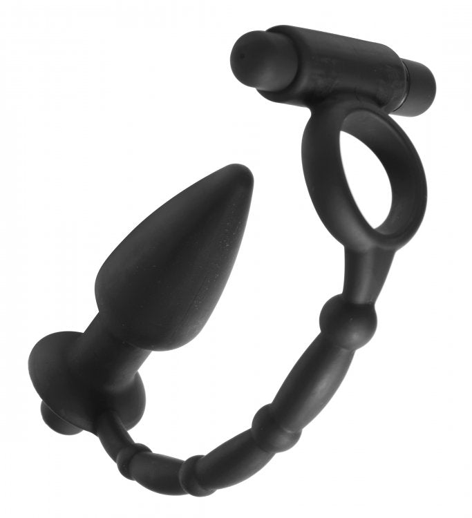 Master Series Viaticus Dual Vibrating Cock Ring and Vibrating Anal Plug - Black