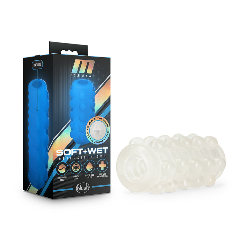 M for Men Soft and Wet Glow-in-the-Dark Reversible Orbs/Ribs Masturbator - Frosted Clear
